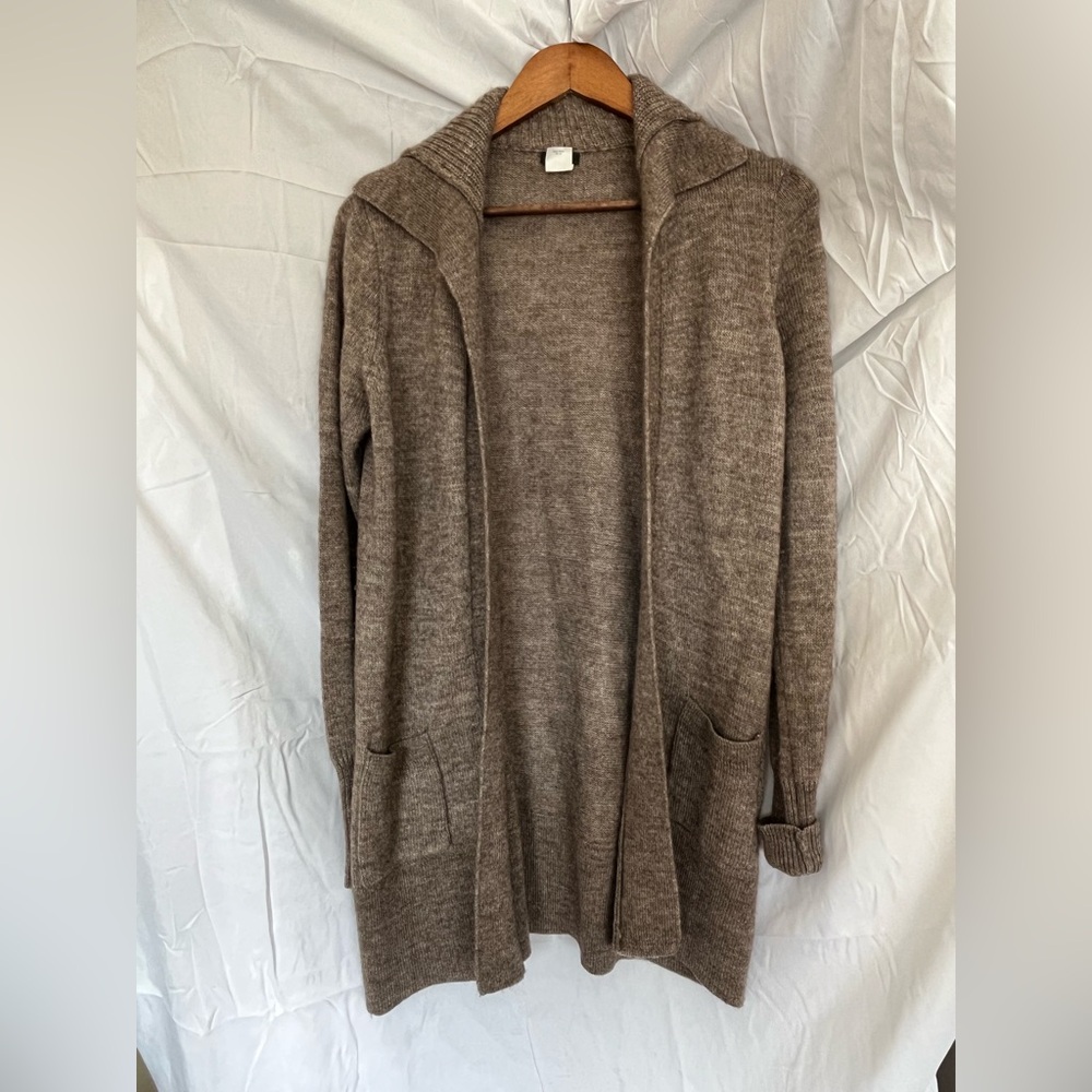 J crew long open alpaca wool blend cardigan size M dark tan/grey